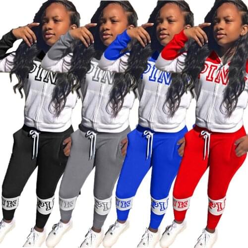 Activewear Outfits Women 2 Two Piece Sets PINK Letter Print Full Sleeve Jackets and Workout Jogger Pant Color Block Club Outfits