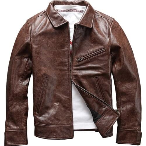 AX-08 Read Description! Asian Size Genuine Cow Skin Leather Jacket Mens Cowhide Casual Vintage Biker