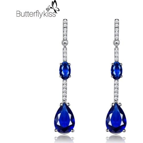 BK Women Sapphire Earrings Real 925 Sterling Silver Blue Gemstone Zircon Ear Drop Fashion Unusual Earrings Wedding Jewelry