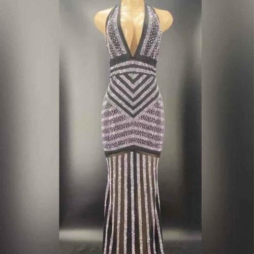 Flashing Silver Stones Dress Sexy Black Evening Long Dress Birthday Celebrate Mesh Stretch Dance Sleeveless Costume