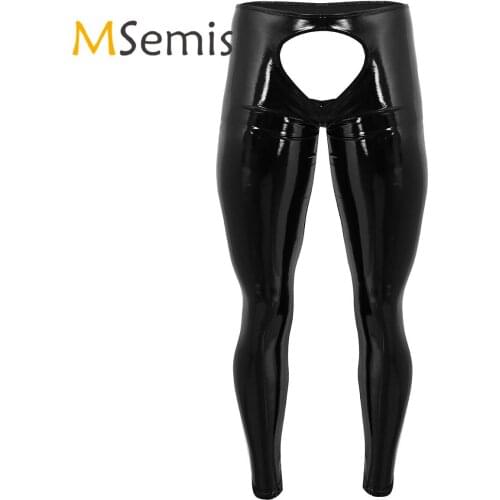 Black Mens Lingerie Open Crotch Pants Shiny Patent Leather Open Back and Open Pouch Tight Pants Crotchless Leggings Trousers