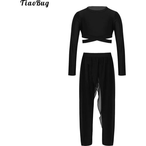 TiaoBug Kids Girls Solid Color Yoga Sport Outfits Long Sleeves Twist Pullover Vest Top With Irregular Culottes Pantskirt For Gym