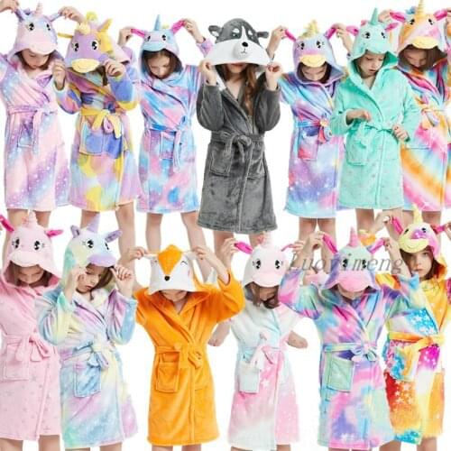 Kids Unicorn Hooded Bathrobe Childrens Night Gown Bath Robe Kigurumi Animal Sleepwear For Girls Boys Clothes Towel Bath Robes