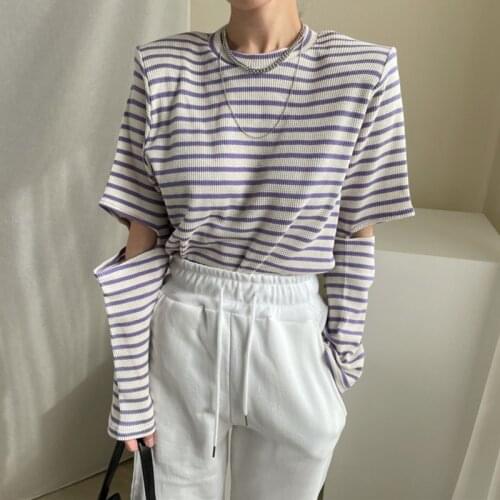 Colorfaith New 2021 Women Spring Summer T-Shirt Striped Cutout Vintage Fashionable Minimalist Korean Style Wild Lady Tops T3279