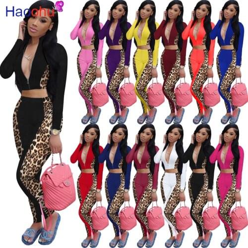 HAOOHU Casual Stretchy Bodycon 2 Piece Set Women 2021 Streetwear Leopard Long Sleeve Jacket and Slim Fit Legging Female Outfits