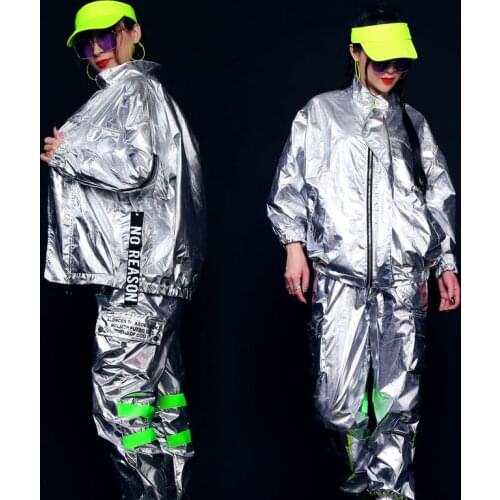 Hip Hop Costumes Adult Silver Shiny Casual Jacket Street Dance Top Jazz Performance Clothing Stage Wear Lady Rave Outfit DT1750