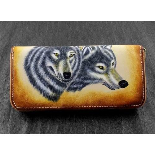 Cool Handmade Mens Real Leather Zipper Wallet Hand-drawn Wolf Tatto
