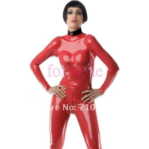 Three zip latex full body catsuit in red color no including gloves and socks