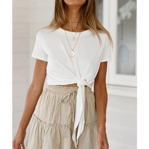 Summer Women Knotted Tie Front Crop Tops Cropped Short Sleeve Round Neck T Shirt Casual Blouse Tanks Size XL