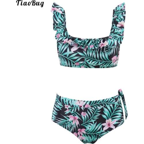 Summer Women 2Pcs Flower Printed Swimming Bikini Suit U Neck Sleeveless Removable Pads Cropped Top And Briefs Swimwear