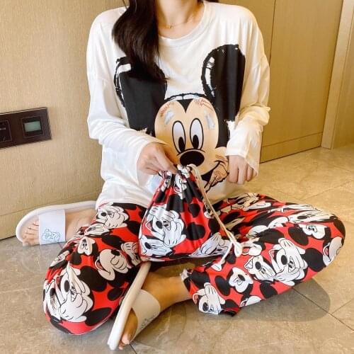 Disney Mickey Summer Pajamas Womens Long sleeve trousers Print Cute Cartoon Donald Duck Winnie Loose Home Suit Pajama Sets