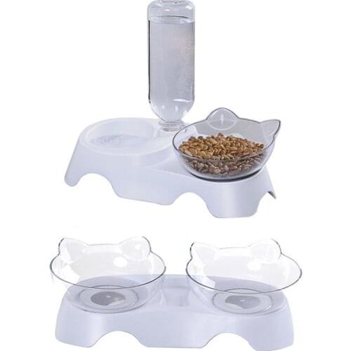 Cat Ears Shaped Cat Bowl Oblique Double Bowls Drinking Fountain Leak Proof Cervical Vertebra Neck Protection For Cats Small Dog