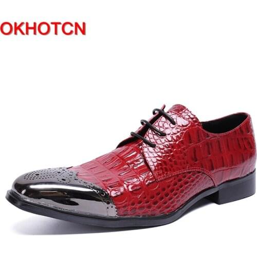 OKHOTCN Fashion new arrival black red crocodile grain man formal shoes business party wedding dress shoes genuine leather shoes