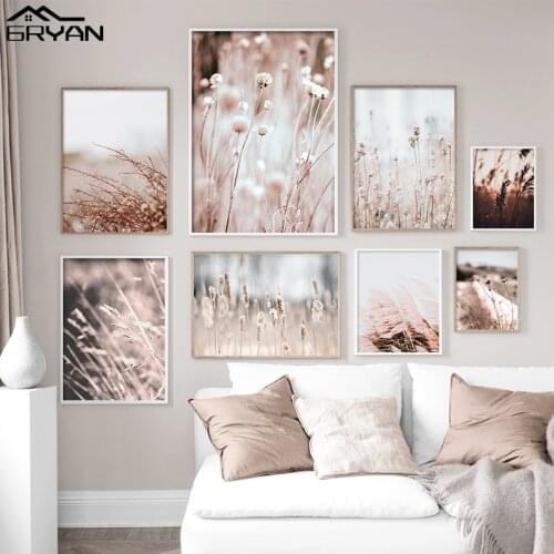 Autumn Reed Grass Kapok Wheat Plant Canvas Painting Pink Field Nordic Landscape Print Poster Barren Wall Art Living Room Picture