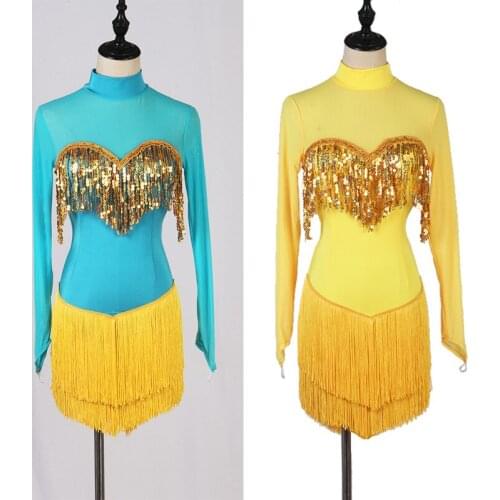 Shiny Sequin Fringe Latin Dance Dress For Women Adult/Kids Long Sleeve Jitterba Dance Skirt Rumba Tango Samba Costumes DQL4213