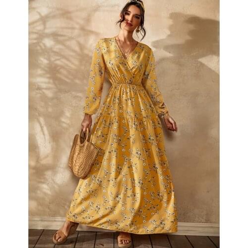 Puloru New Women Long Sleeve Floral Maxi Dress Casual V-neck High Waist Flared Dress Office Lady Autumn Spring Long A-Lines