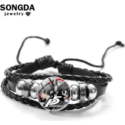 SONGDA Anime Game Persona 5 Charm Bracelet Ren Amamiya Cartoon Printed Glass Dome Snap Button Multi-layer Leather Bracelet Gift