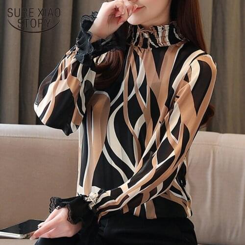 Loose Long Sleeve Women Shirts Spring 2021 New Chiffon Lotus Leaf Collar Shirt Horn Sleeve Print Women Blouses and Tops 8066 50