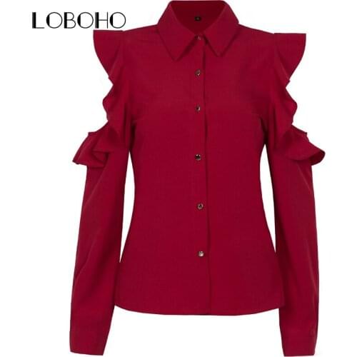 Cold Shoulder Tops For Women Spring 2019 New Fashion Chiffon Blouse With Long Sleeve Turn Down Collar Ruffle Blouses Womens