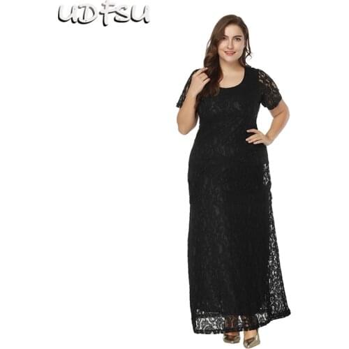 UDFSU Women Short Sleeve Round Neck Evening Dress Plus Size Lace Party Dresses Elegant Floor Length Evening Gown