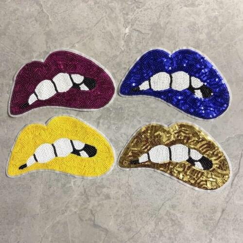 WUYUCONG 2020 New Arrival Pink/Blue/Yellow/Gold Sequins Lips Patches Sew on Sequined Mouth Patch for Clothes Jackets DIY Sewing