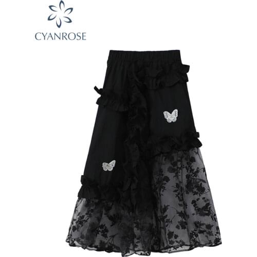 Gothic Black Mesh Skirt Women Vintage High Street All-match 2021 Summer Irregular Harajuku Mid-length A-Line Tight Skirt Female
