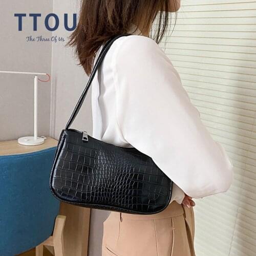 Crocodile Pattern Women Underarm Bag Vintage Design Leather Ladies Small Shoulder Bags Female Tote Baguette Shape Purse Handbags