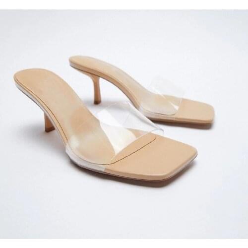 ZAR 2021 Summer New PVC One Word With Fashion Square Toe Thick High Heels Sexy Crystal Muller Sandals And Slippers Women Luxury