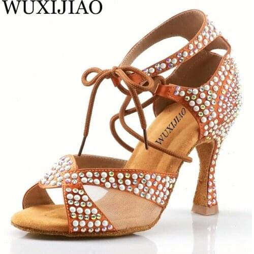 WUXIJIAO Pearl Rhinestone Latin Dance Shoes Women Ballroom Professional Dancing Shoes Soft Soles Party/Weeding Shoes High Heels