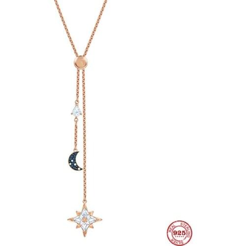 2020 New Fashion Charm Genuine 925 Silver Original 1:1 Copy, Shining Stars Moon Tassel Necklace Women Luxury Jewelry Gifts