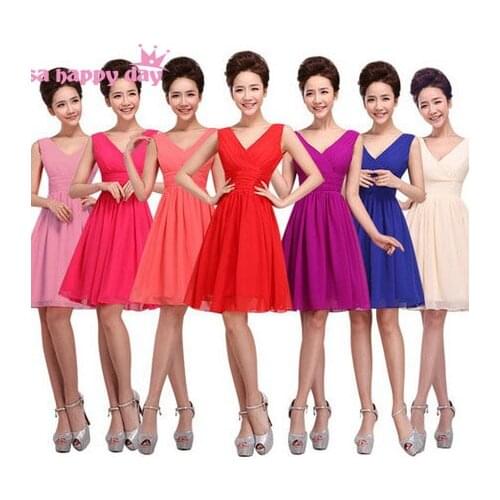 Country style champagne women bridesmaid brides maid v neck dresses short knee sexy red dress red plus sizes under $50 B1180