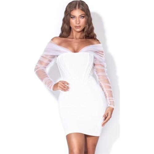 Free Shipping Wholesale Summer Womens Dress Net Yarn Long Sleeve Slash Neck Sexy Celebrity Cocktail Party Bandage Dress