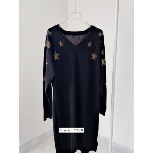 Woman 100% wool Sweaters dress Stars Patchwork V Neck Drop Shoulder Oversized Knits Jumper mini dress