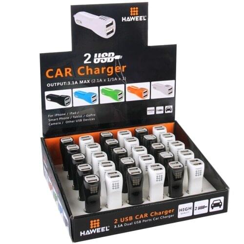 30 PCS Mixed Colors HAWEEL 3.1A Dual USB Ports Car Charger Kit with Display Stand Box
