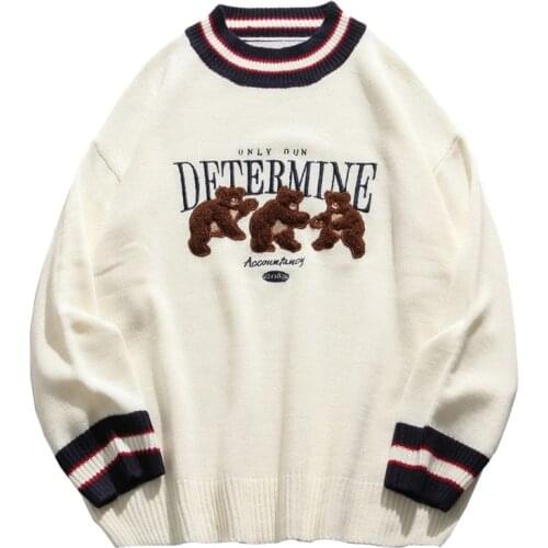 Bear Patchwork Striped Knitted Jumpers Sweaters Streetwear Hip Hop Harajuku Casual Pullover knitwear Mens Fashion Tops