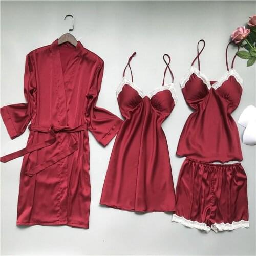 FZSLCYIYI Spring Satin Rayon Women Wine Red Robe 4 Pieces Pajamas Sets Sling Sexy Lace Sleepwear Autumn Pyjama With Chest Pad