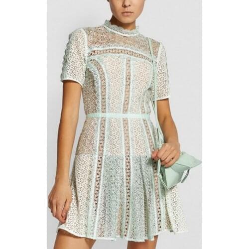 Quality Women Elegant Short Sleeve Hollow Out Runway Summer Mint Green Lace Female HIgh Waist Sexy Party Dress