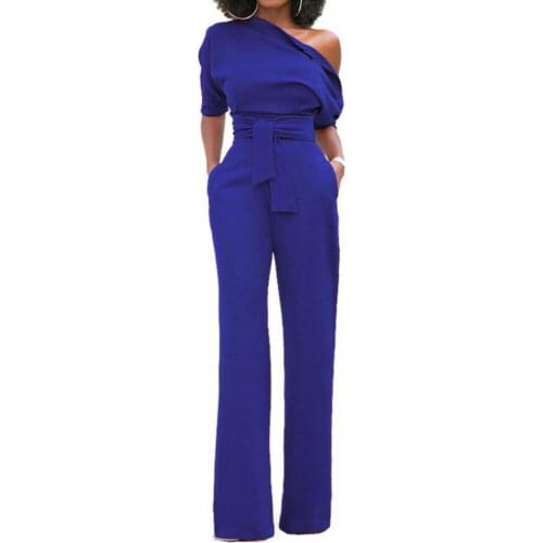 Women Jumpsuit One Shoulder with Sashes Pockets Officewear Romper Combinaison Fashion Female Jumpsuits For Elegant Lady Clothing