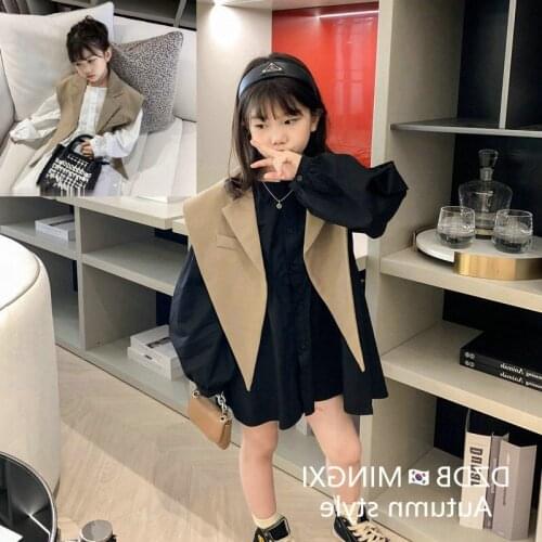 Girls Suit Children Kids Long Sleeve Solid Color Blouse Dress with Dovetail Shawl Two-Piecee Set 2020 Autumn New Fashion Dress