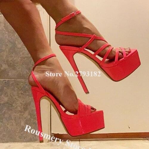 Summer Shining Patent Leather High Platform Stiletto Heel Sandals Pink Thin Straps Cross High Heel Sandals Dress Shoes