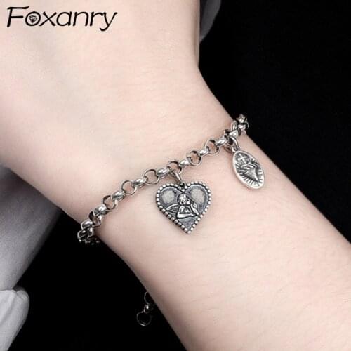 Foxanry 925 Sterling Silver Trendy Bracelet for Women Couples Vintage Creative Angel LOVE Heart Elegant Party Jewelry Gifts