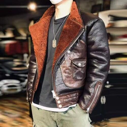 LZP1951 Avfly European Size High Quality Super Warm Genuine Sheep Leather Coat Mens Big B3 Shearling Bomber Military Fur Jacket