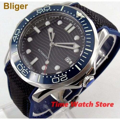 Bliger 41mm Genuine Miyota8215 NH35A automatic mens watch rubber canvas strap black dial sapphire glass ceramic bezel insert