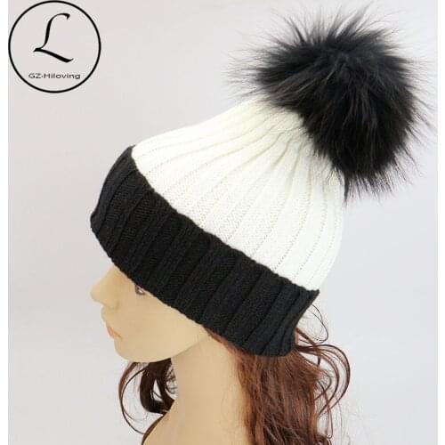 GZHILOVINGL 2017 New Winter Fashion Girls Womens Mens Hat Black White Hat Knitted Acrylic Beanies Hats With Big Real Fur Pom Pom