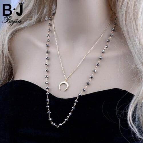 BOJIU Elegant Moon Pendant Necklace Crystal Beads 2 Layers Chain Necklace Girl Crescent Necklaces With Copper Chain NKS098