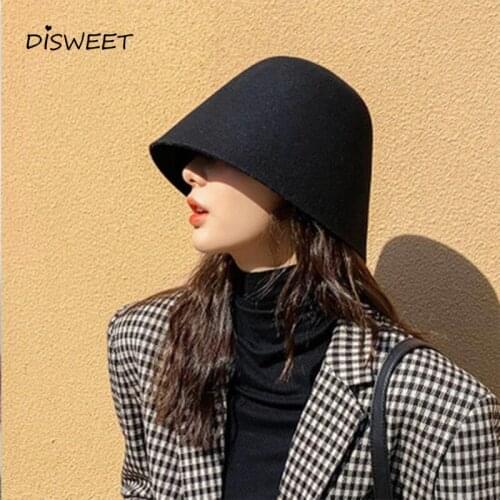 DISWEET Woman In Retro Woolen Bucket Hat Simple Solid Color Personality Lazy Bucket Wool Hat Women Womens Korean Hat 2019