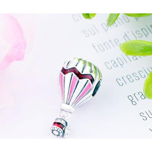 Fit Original Pan Charm Bracelet Bangle 925 Sterling Silver Red Fire Polish Enamel Hot Air Balloons Beads Making Berloque DIY