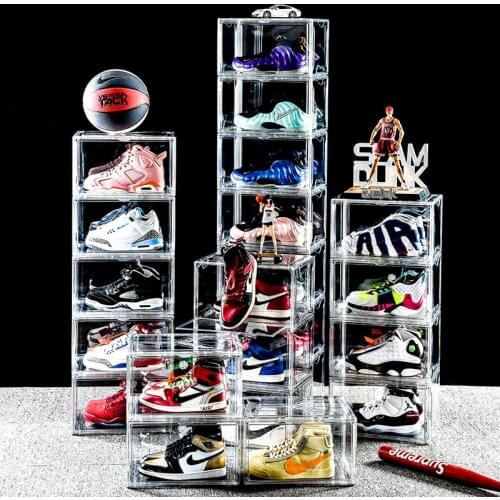 Clear Transparent AJ Sneakers Storage Box Clamshell PET Thickened Plastic Shoebox Magnetic Free Combination Shoe Cabinet ShoeBox