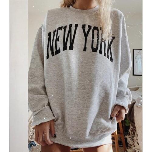 NEW YORK Letter Print Gray Pullovers Oversized Vintage Sweatshirt Women Teens 2020 Autumn New Drop Shoulder Fashion USA Style BF