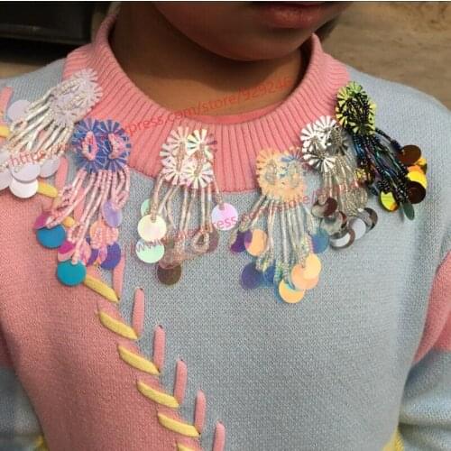 Colorful sequins patch with fringes black white silver sequined trims garment patch pink blue beaded applique for dress shoes